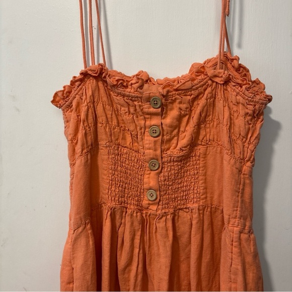 Free People Late Checkout Midi Linen Cotton Orange Smocked Dress Size M - Picture 3 of 7